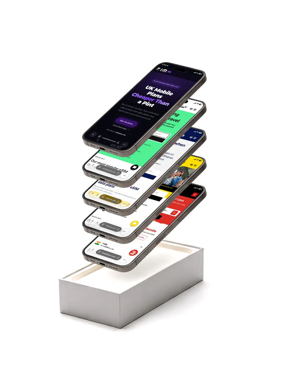 Five partner-branded mobile sites on a stack of phones
